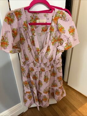 Anthropologie Lavender-Striped Dress with Orange Floral Print